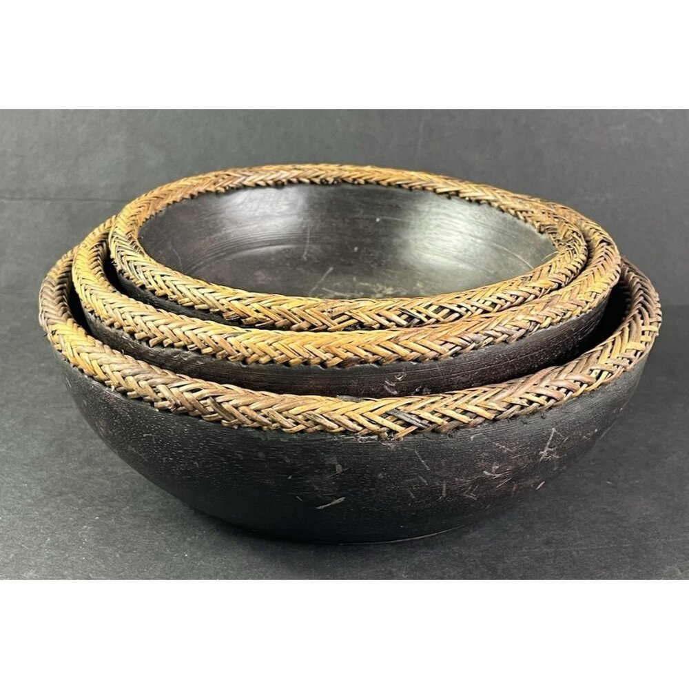 3 Nesting Wooden Bowls W Braided Wicker Rims Black Stacking 3 Size Vintage Decor